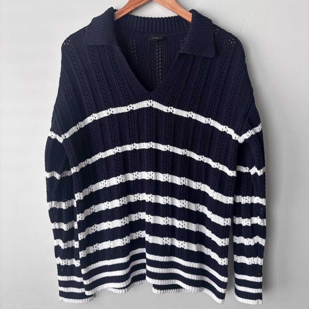 Talbots Johnny Collar Sweater SZ M Breton Striped Knit Navy White Preppy Coastal